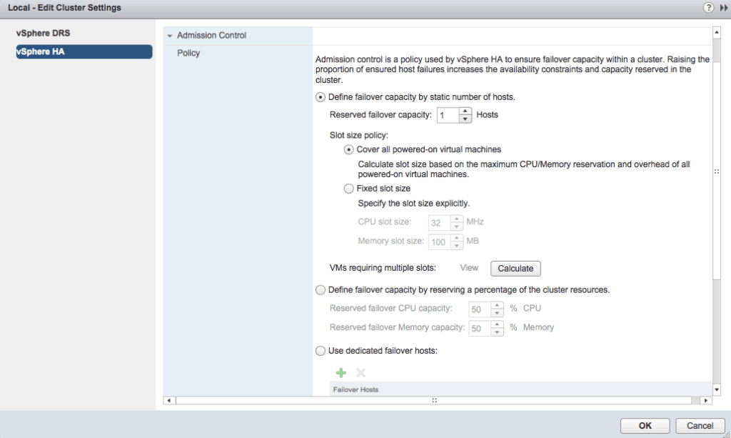 vmware vsphere admission control failover policy