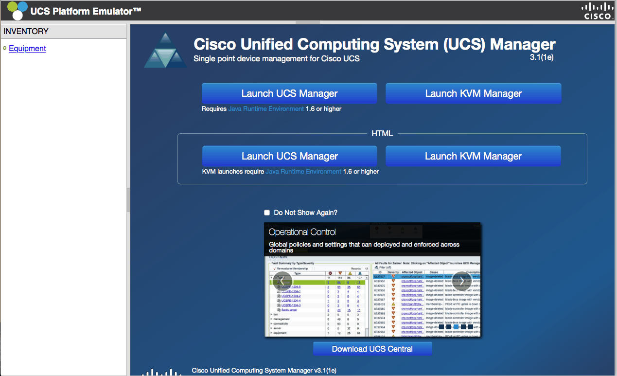 cisco ucs emulator main screen ucspe platform