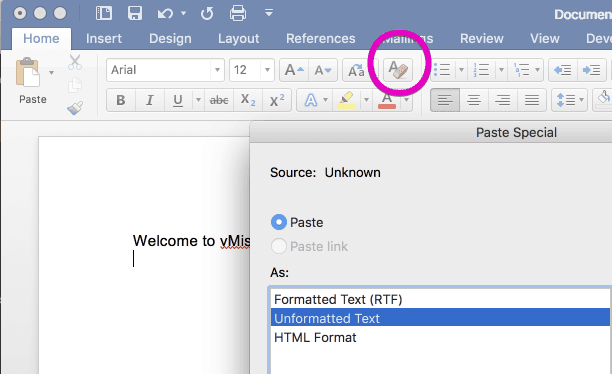 microsoft word paste unformatted text remove formatting