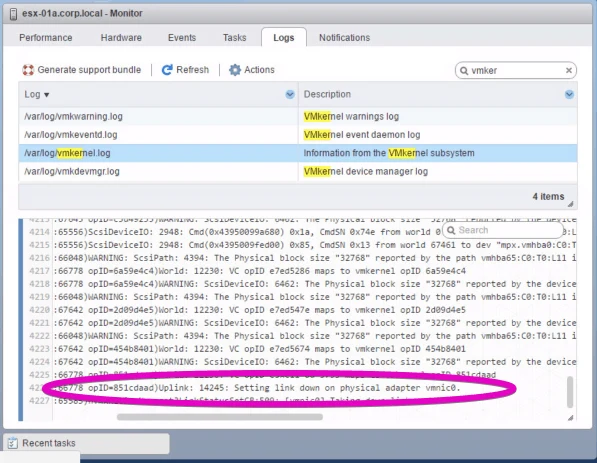 VMware vSphere host client html5 vmkernel link down