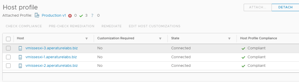 vmware vsphere hosts in compliance host profile