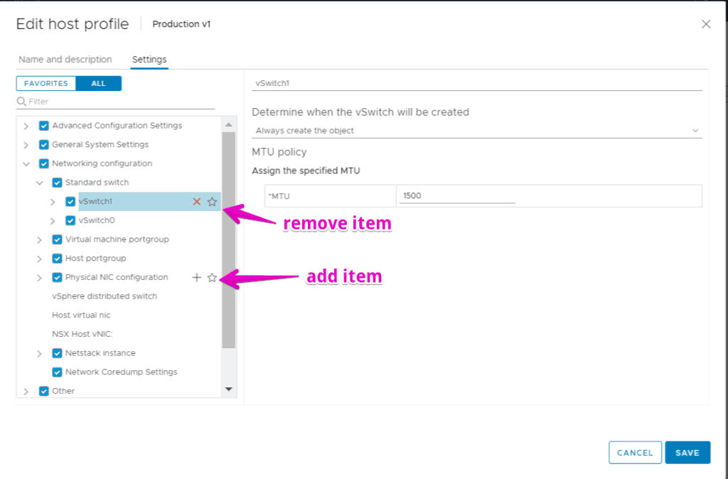 add or remove configuration host profile VMware vsphere 