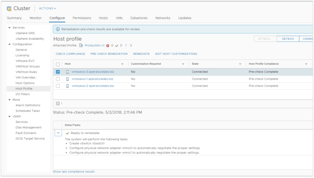 VMware vSphere host remediation complete 