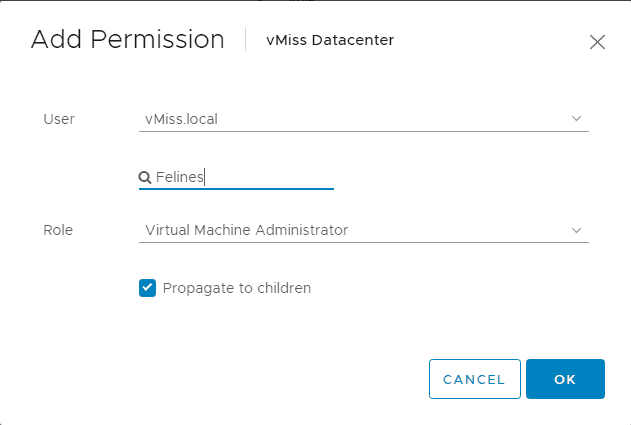 VMware vSphere security add permission object role group rbac