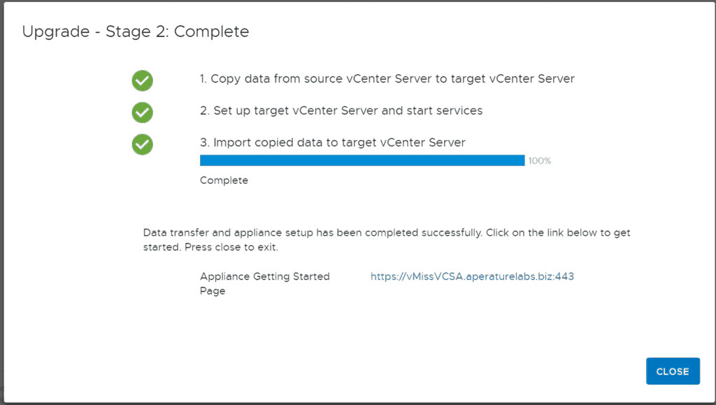 VMware vcsa upgrade installer stage 2 complete vsphere 6.7 u1