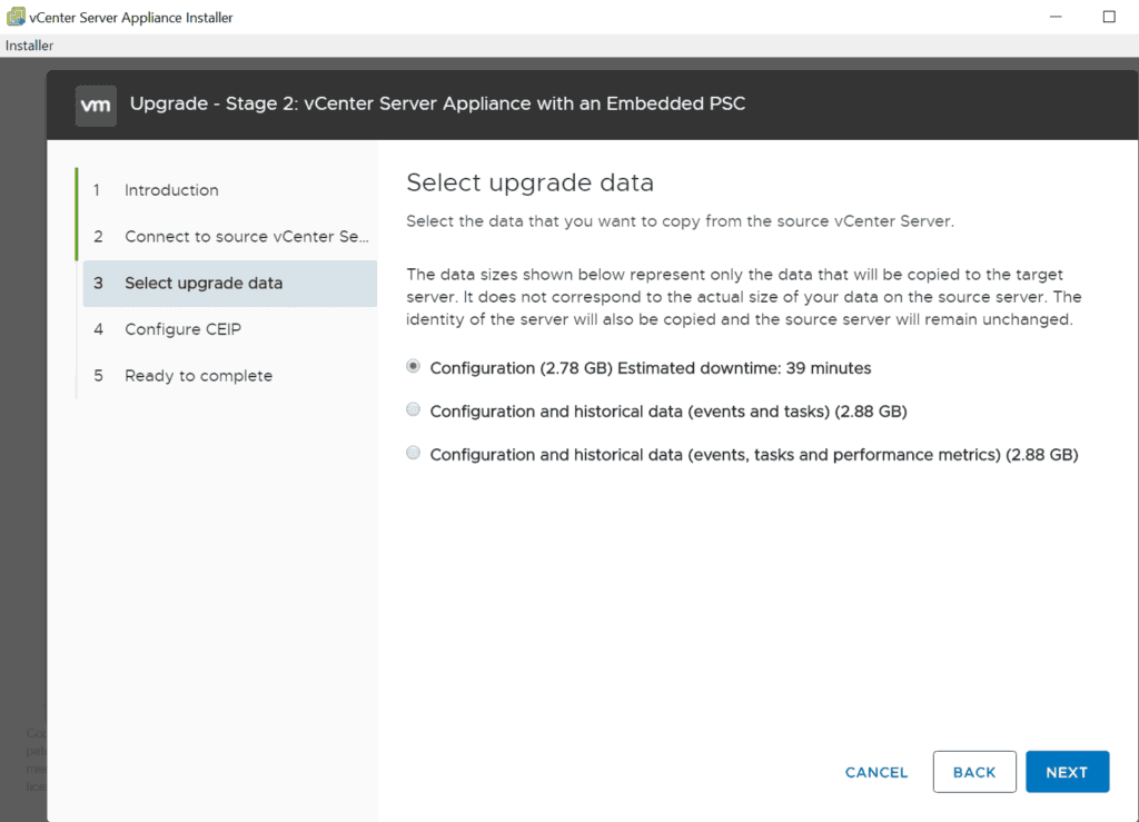 vcsa upgrade installer stage 2 data selection