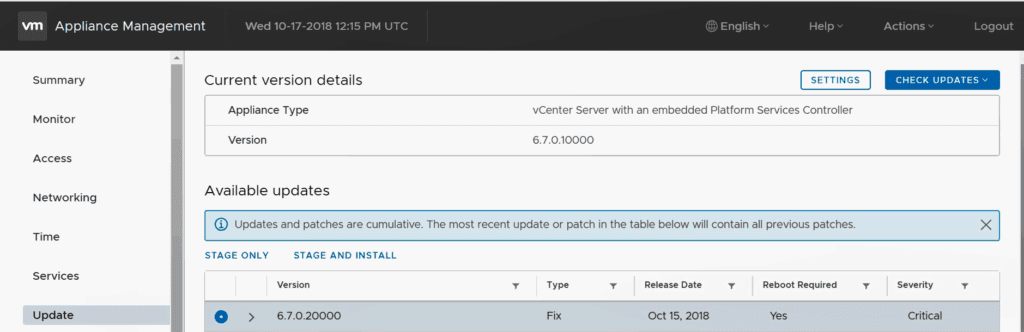 vcsa web management interface upgrade VMware 6.7 u1