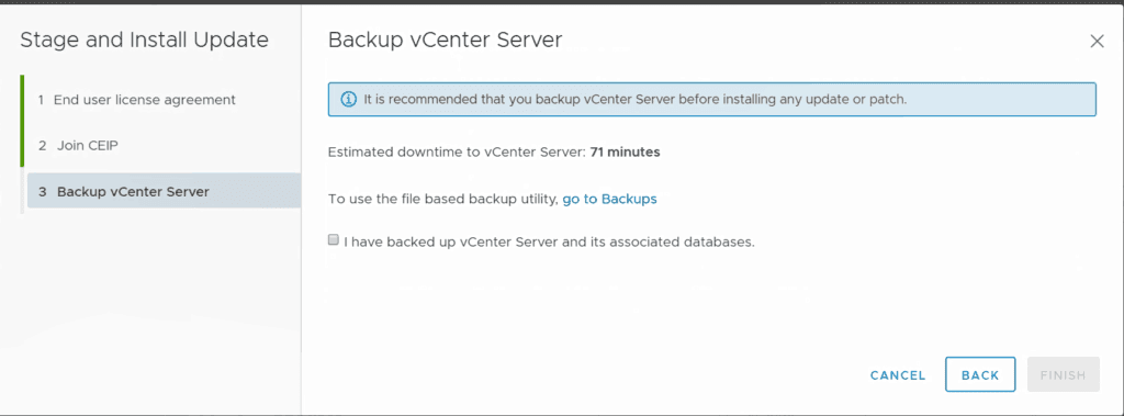 VMware vcsa web management backup upgrade vsphere 6.7 u1