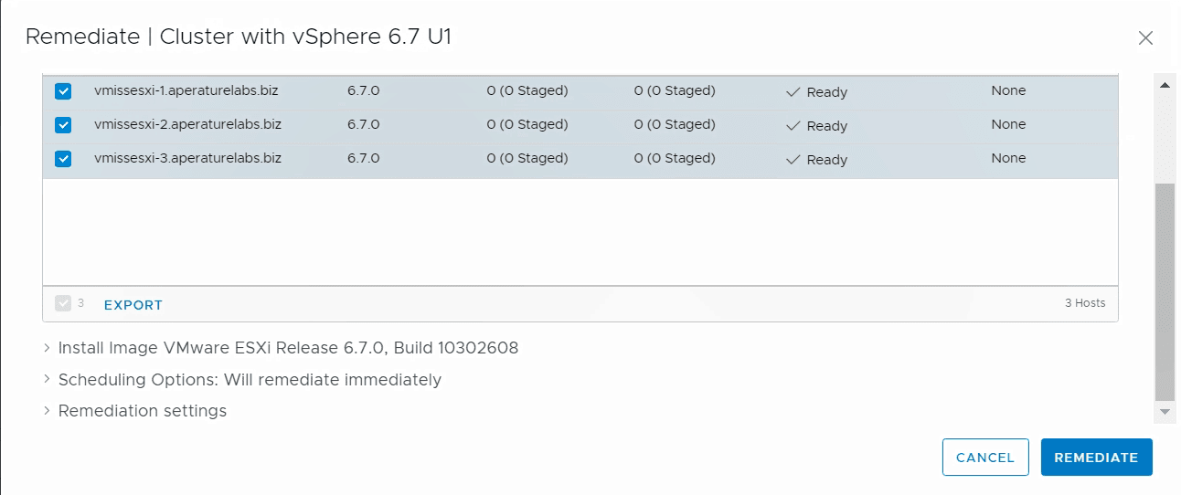 VMware vSphere update manager remediate ESXi upgrade 6.7 u1