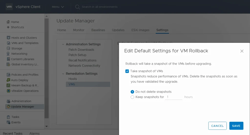 VMware vSphere update manager vm settings virtual machine settings