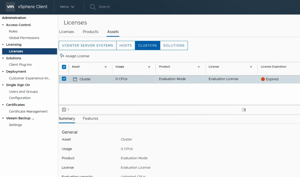 vSphere client VMware cluster license assign vSphere 6.7 U1