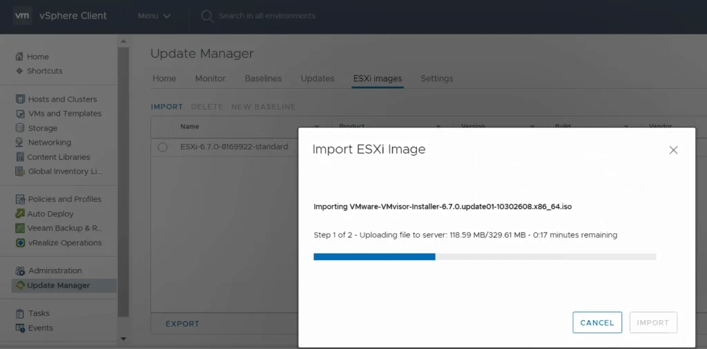 vsphere update manager import new esxi 6.7 u1 image