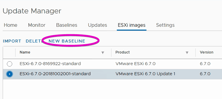 VMware vSphere update manager new host baseline esxi 6.7 u1