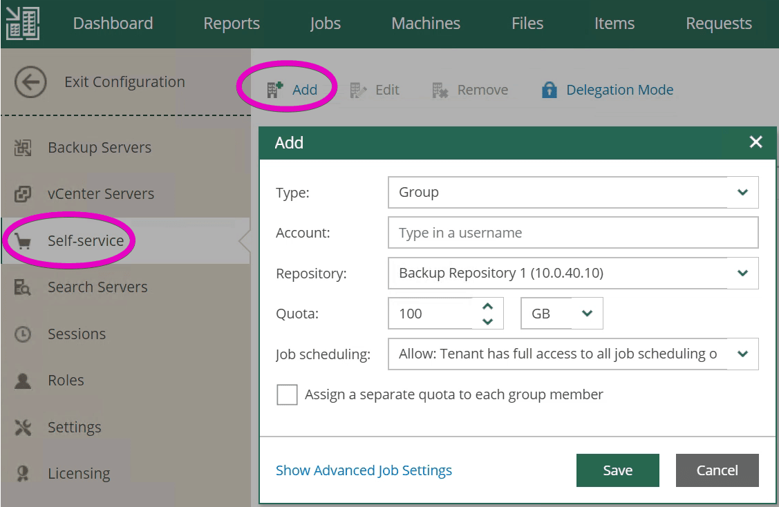 veeam enterprise manager add vsphere user for self service