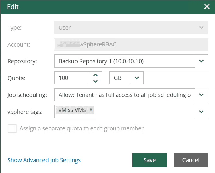 veeam enterprise manager self service vsphere rbac tag