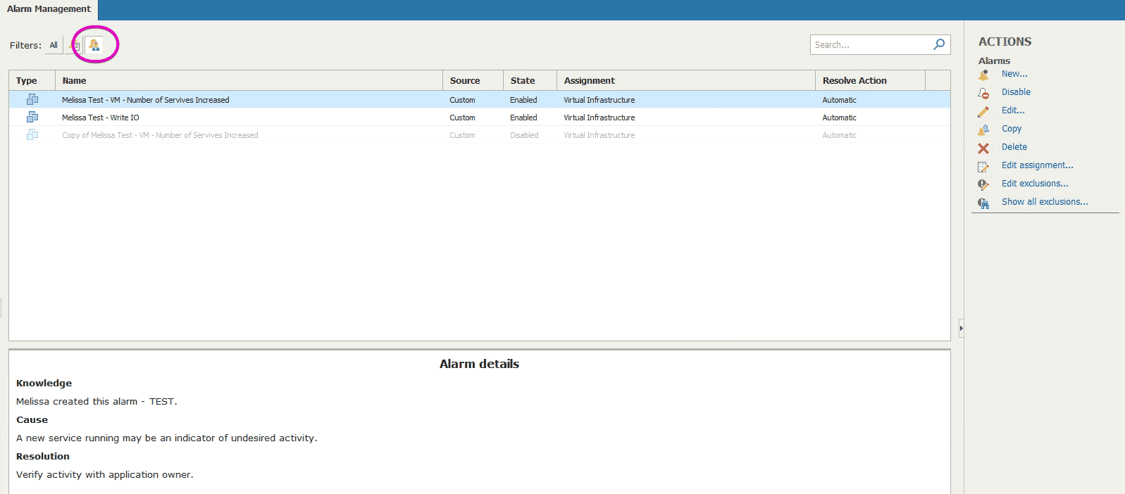 veeam one custom alarm test