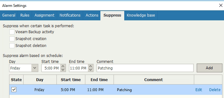 veeam one alarm suppress patching 