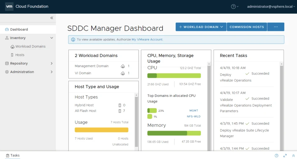 SDDC Manager login dashboard VMware Cloud Foundation