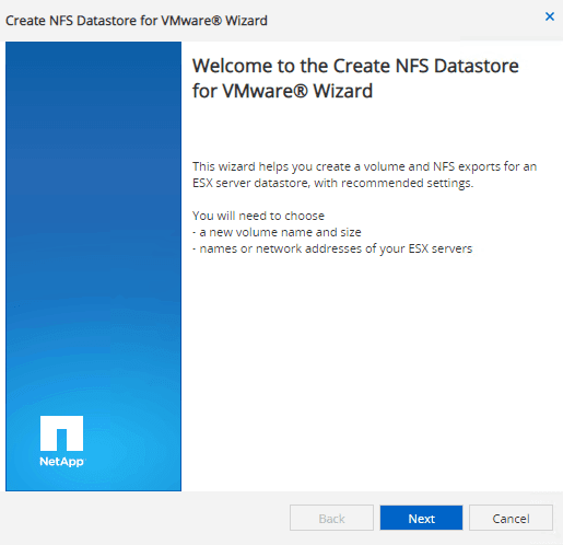 create netapp nfs datastore for vmware wizard