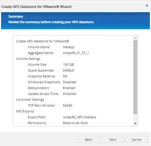 wizard summary provision netapp storage for vmware