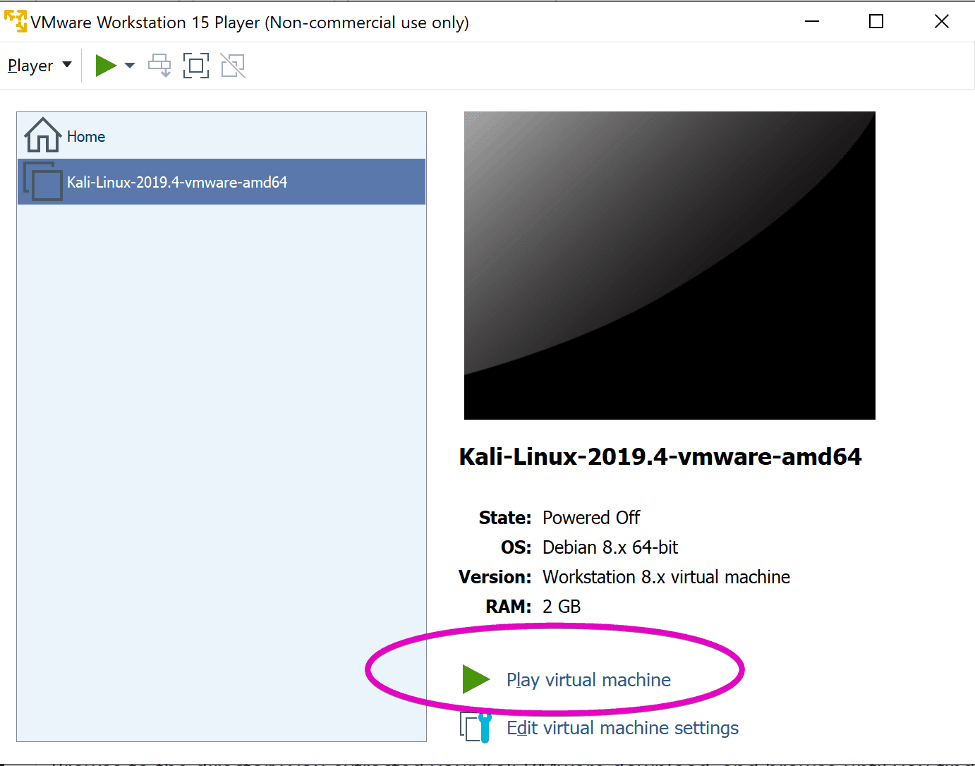 Kali Linux vmware play vm