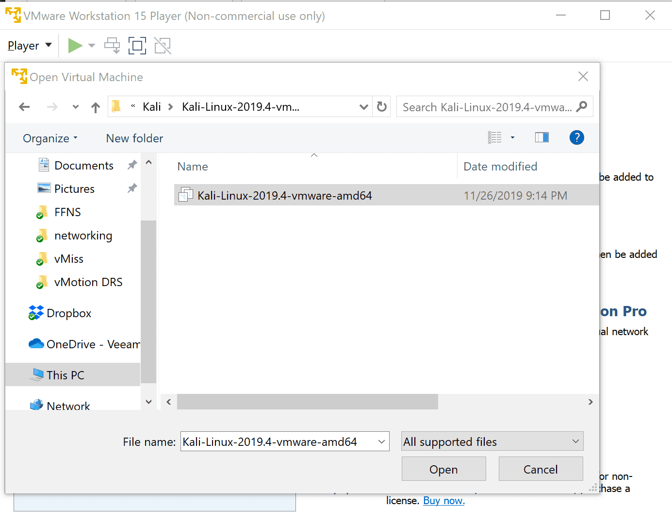 kali vmware player open vm