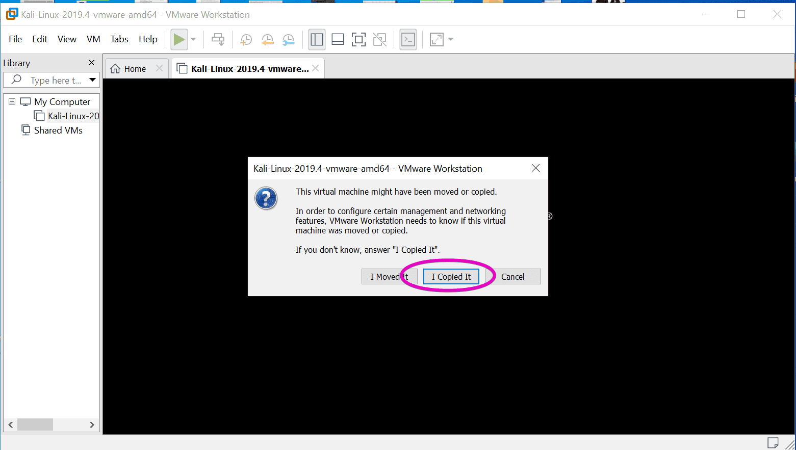 Kali Linux VMware Workstation pro copied vm
