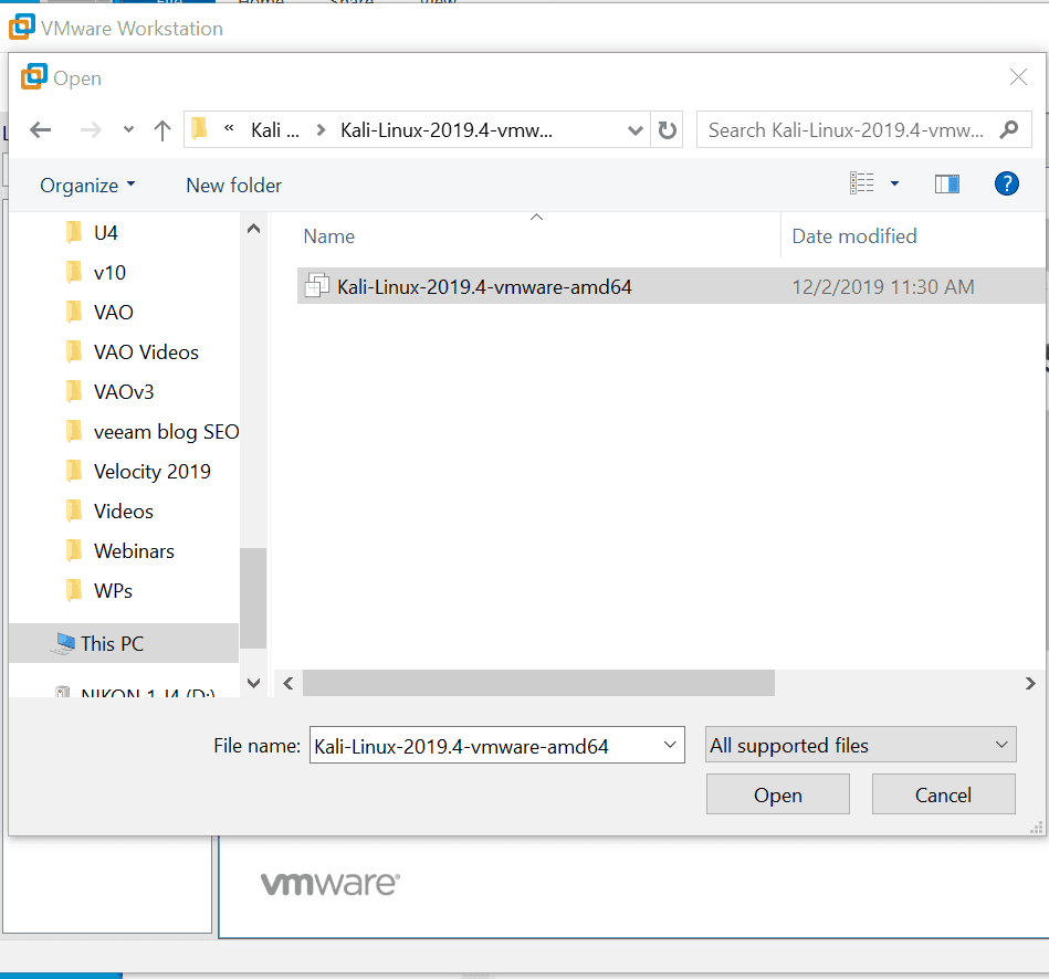 vmware Kali Linux workstation browse for vmx