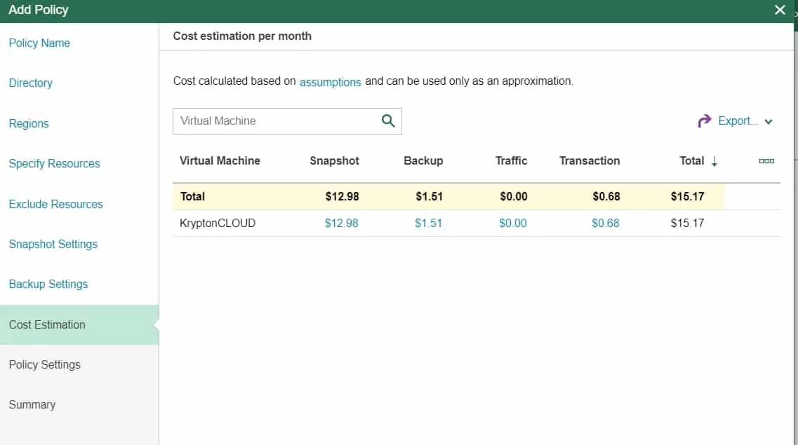 veeam azure cost estimation backup