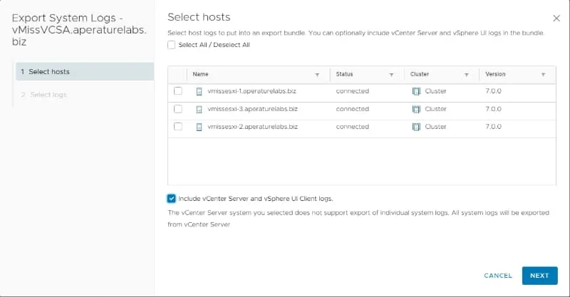 vcenter log export options