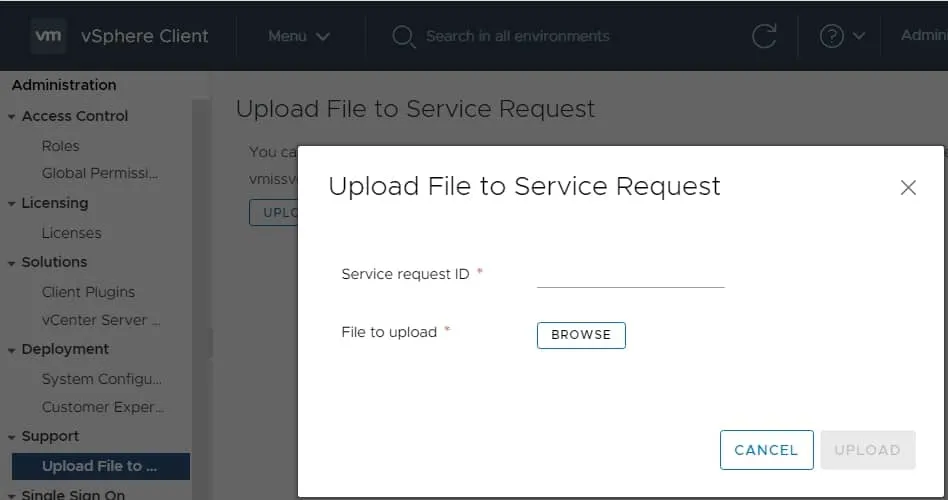 upload logs to vmwre