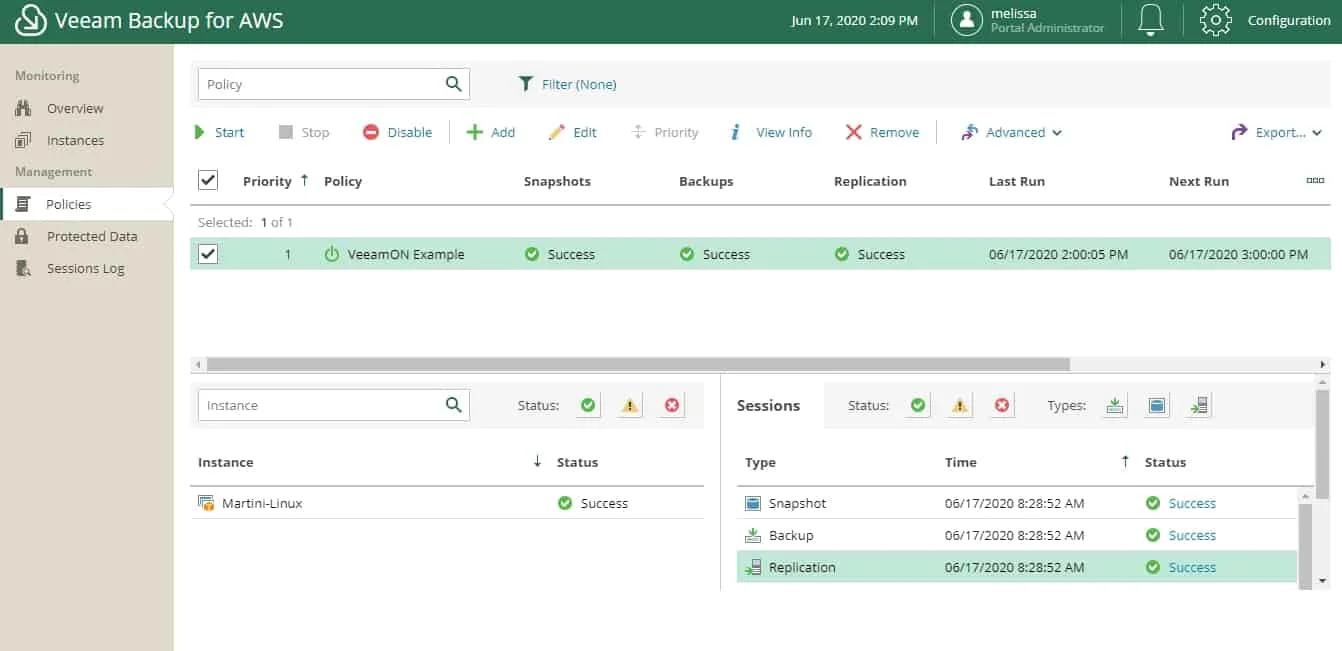 Veeam Backup aws v2 session info